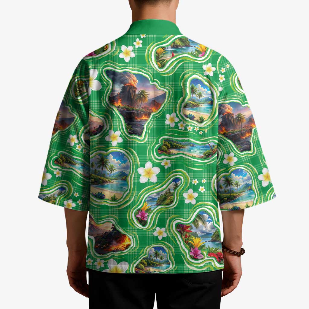 Hawaii Map with Plumeria Flower and Palaka Pattern Kimono Tropical Island Green Design LT03 - Polynesian Pride