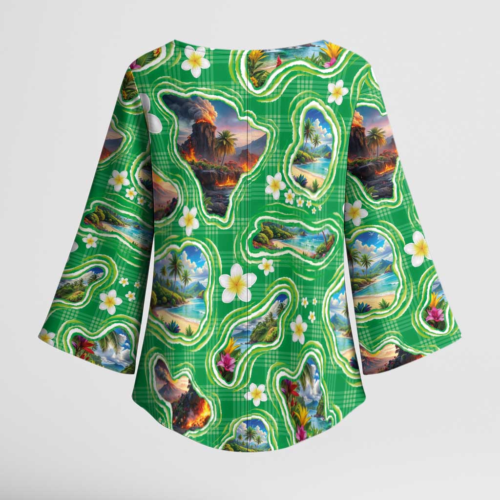 Hawaii Map with Plumeria Flower and Palaka Pattern Kimono Sleeve Blouse Tropical Island Green Design LT03 - Polynesian Pride