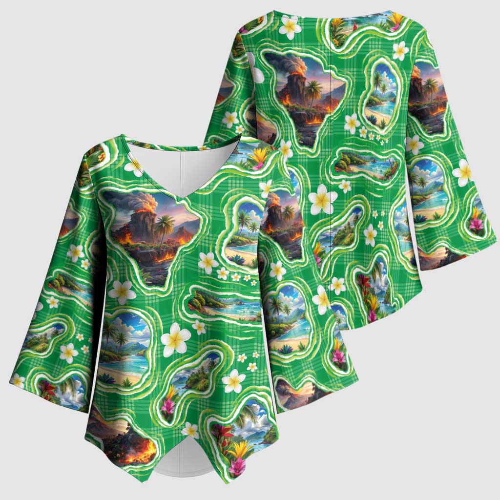 Hawaii Map with Plumeria Flower and Palaka Pattern Kimono Sleeve Blouse Tropical Island Green Design LT03 - Polynesian Pride