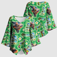 Hawaii Map with Plumeria Flower and Palaka Pattern Kimono Sleeve Blouse Tropical Island Green Design LT03 - Polynesian Pride