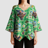 Hawaii Map with Plumeria Flower and Palaka Pattern Kimono Sleeve Blouse Tropical Island Green Design LT03 - Polynesian Pride