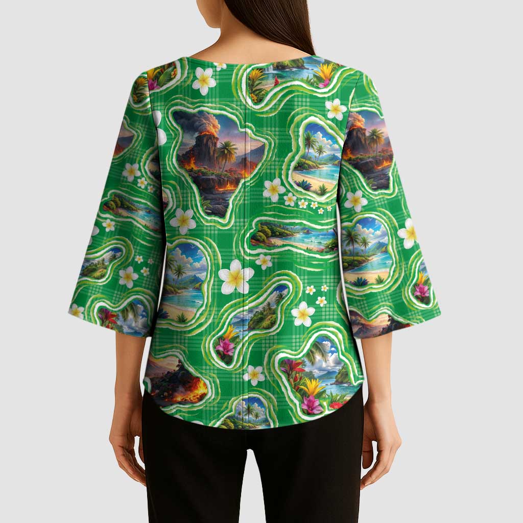 Hawaii Map with Plumeria Flower and Palaka Pattern Kimono Sleeve Blouse Tropical Island Green Design LT03 - Polynesian Pride