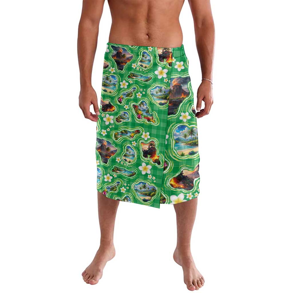 Hawaii Map with Plumeria Flower and Palaka Pattern Lavalava Tropical Island Green Design LT03 Green - Polynesian Pride