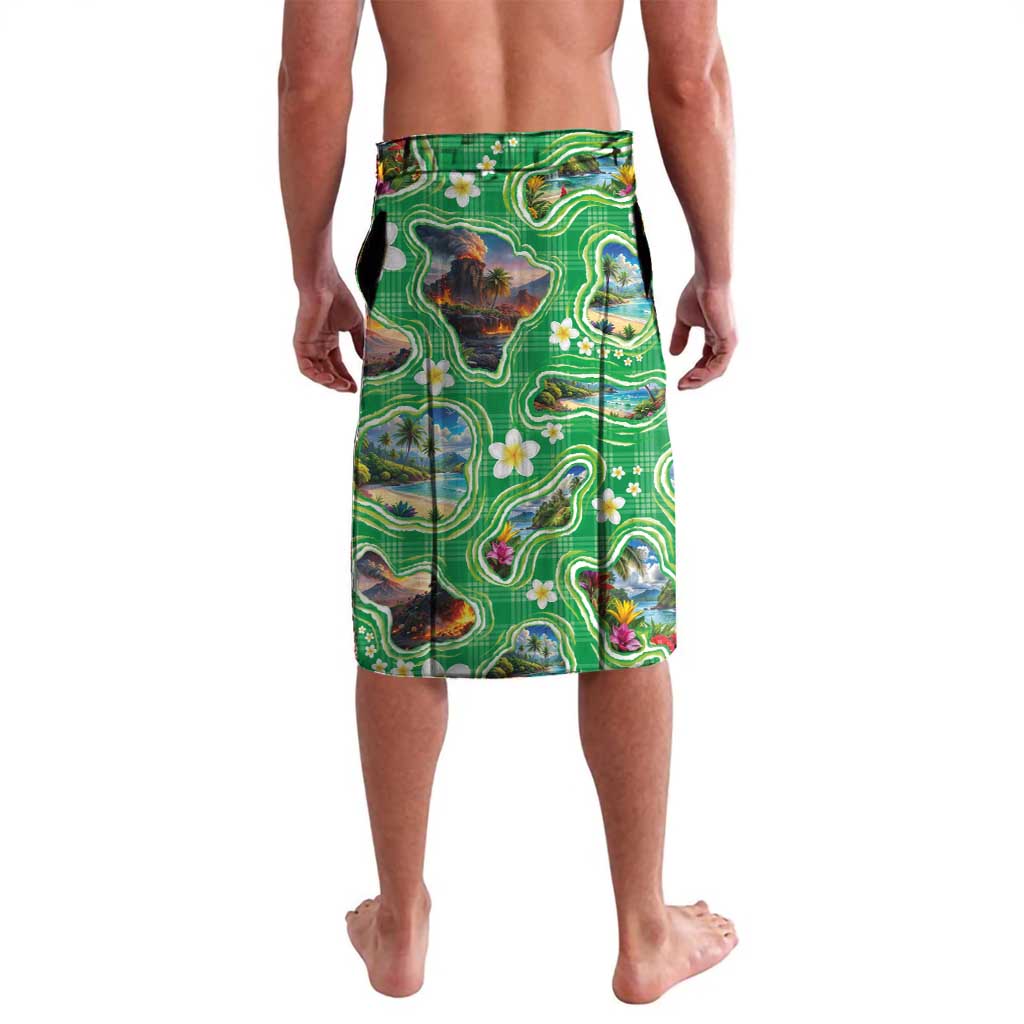Hawaii Map with Plumeria Flower and Palaka Pattern Lavalava Tropical Island Green Design LT03 - Polynesian Pride