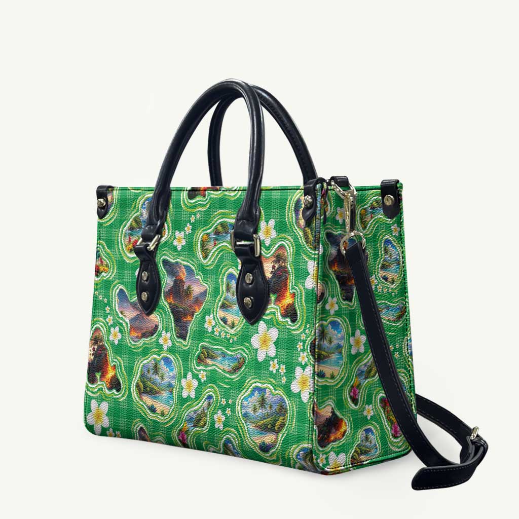 Hawaii Map with Plumeria Flower and Palaka Pattern Leather Bag Tropical Island Green Design LT03 Green - Polynesian Pride