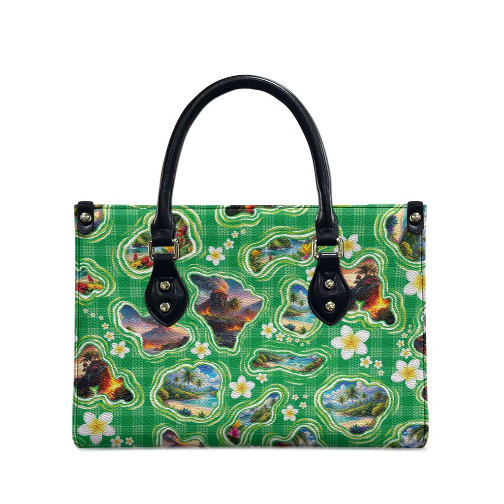 Hawaii Map with Plumeria Flower and Palaka Pattern Leather Bag Tropical Island Green Design LT03 - Polynesian Pride