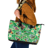 Hawaii Map with Plumeria Flower and Palaka Pattern Leather Tote Bag Tropical Island Green Design LT03 Green - Polynesian Pride
