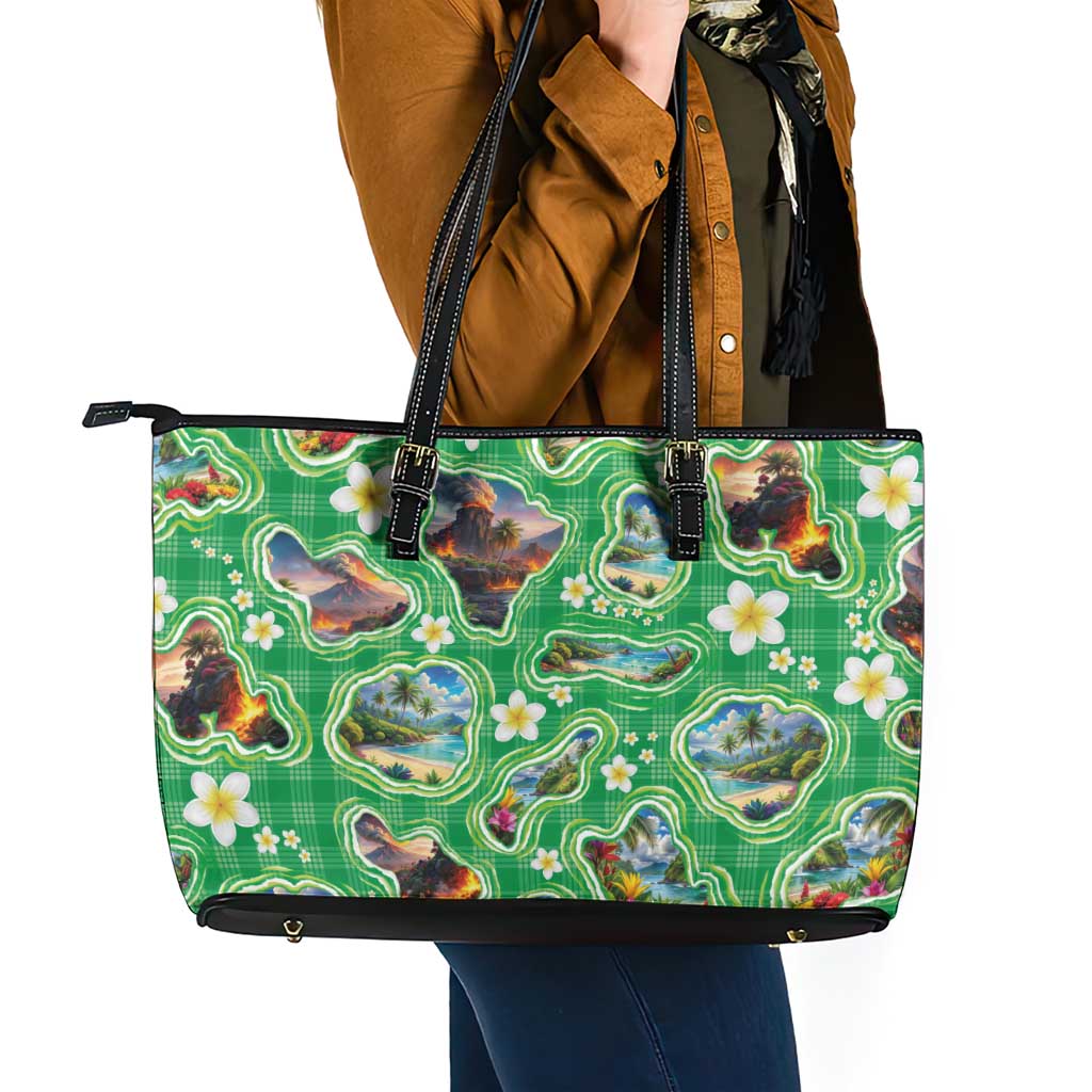 Hawaii Map with Plumeria Flower and Palaka Pattern Leather Tote Bag Tropical Island Green Design LT03 - Polynesian Pride