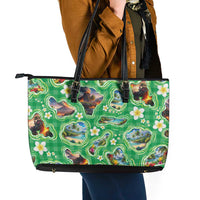 Hawaii Map with Plumeria Flower and Palaka Pattern Leather Tote Bag Tropical Island Green Design LT03 - Polynesian Pride