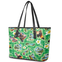Hawaii Map with Plumeria Flower and Palaka Pattern Leather Tote Bag Tropical Island Green Design LT03 - Polynesian Pride