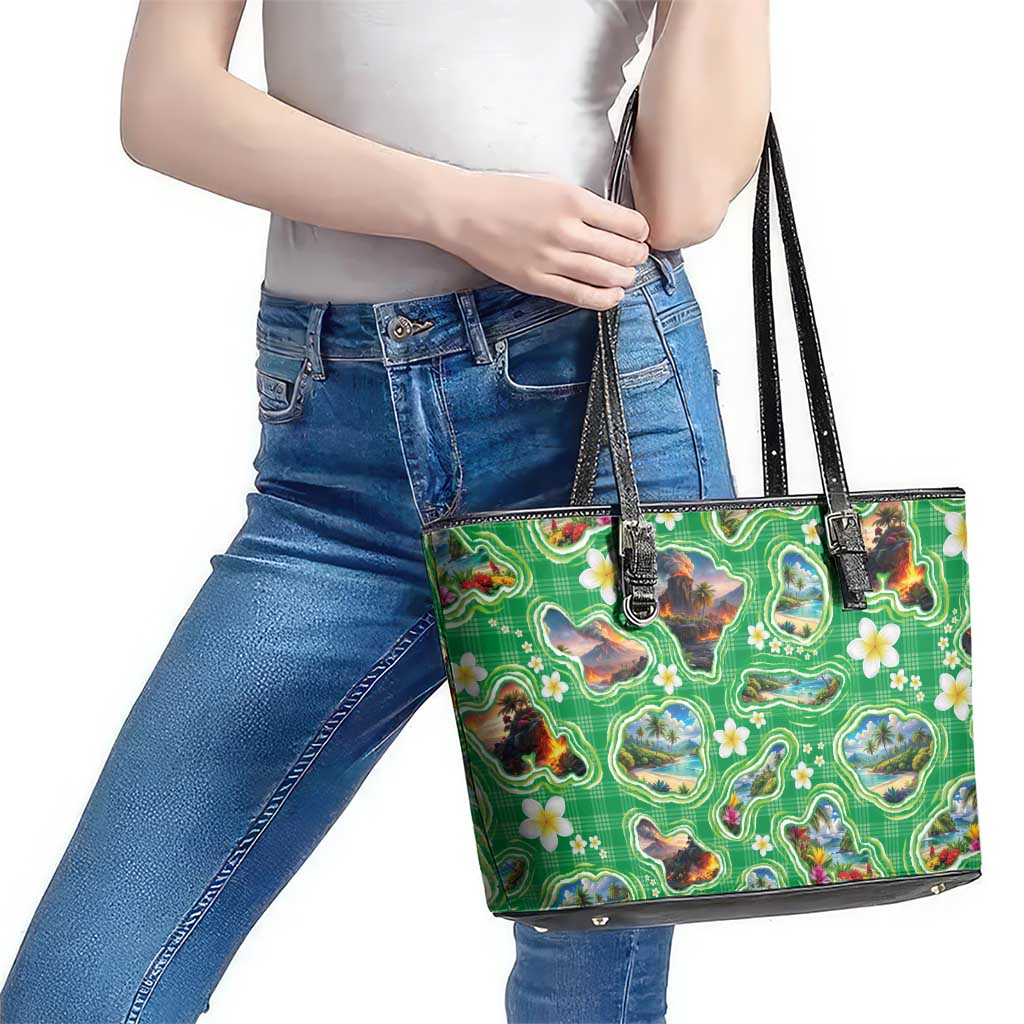 Hawaii Map with Plumeria Flower and Palaka Pattern Leather Tote Bag Tropical Island Green Design LT03 - Polynesian Pride