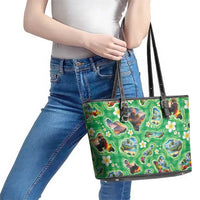 Hawaii Map with Plumeria Flower and Palaka Pattern Leather Tote Bag Tropical Island Green Design LT03 - Polynesian Pride