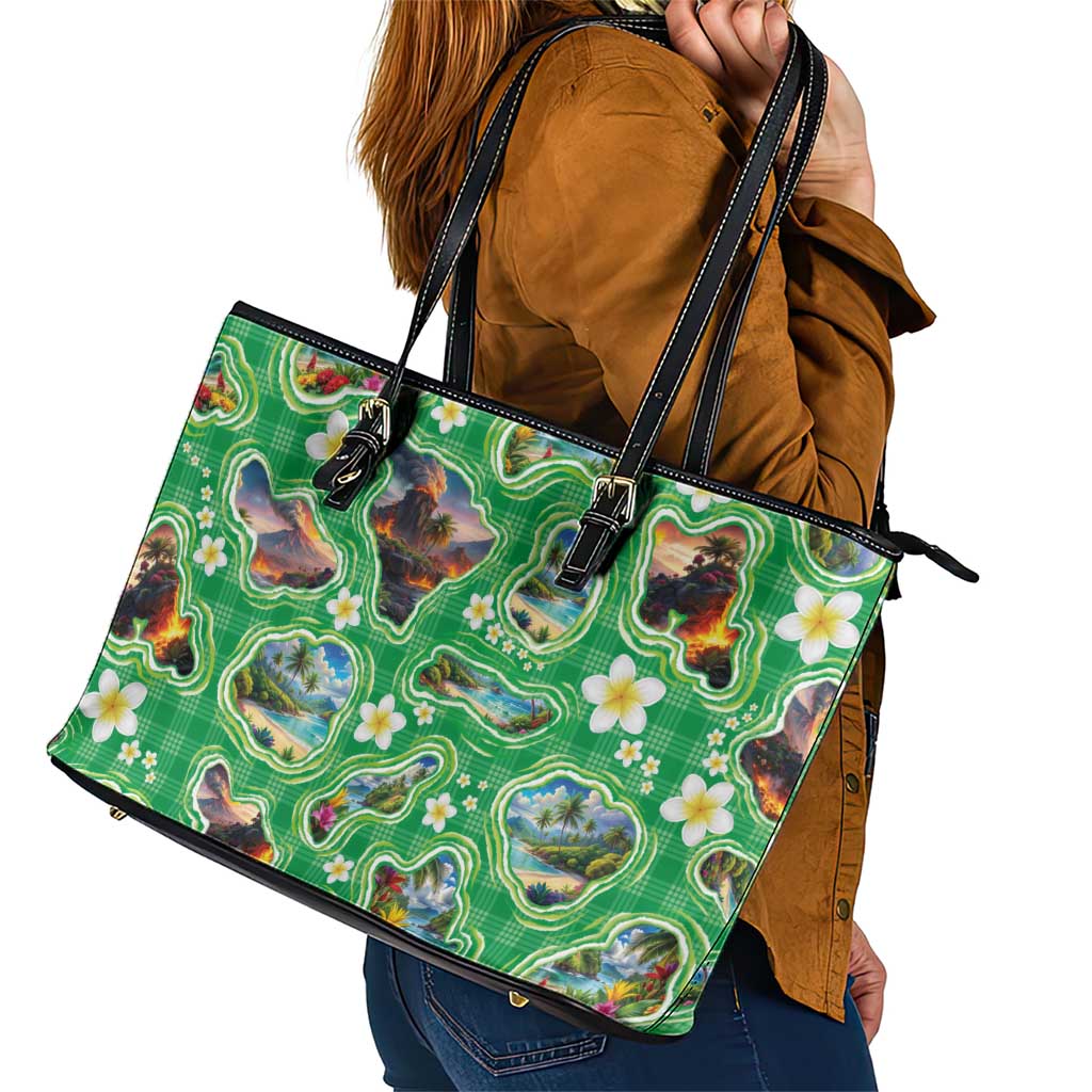 Hawaii Map with Plumeria Flower and Palaka Pattern Leather Tote Bag Tropical Island Green Design LT03 - Polynesian Pride