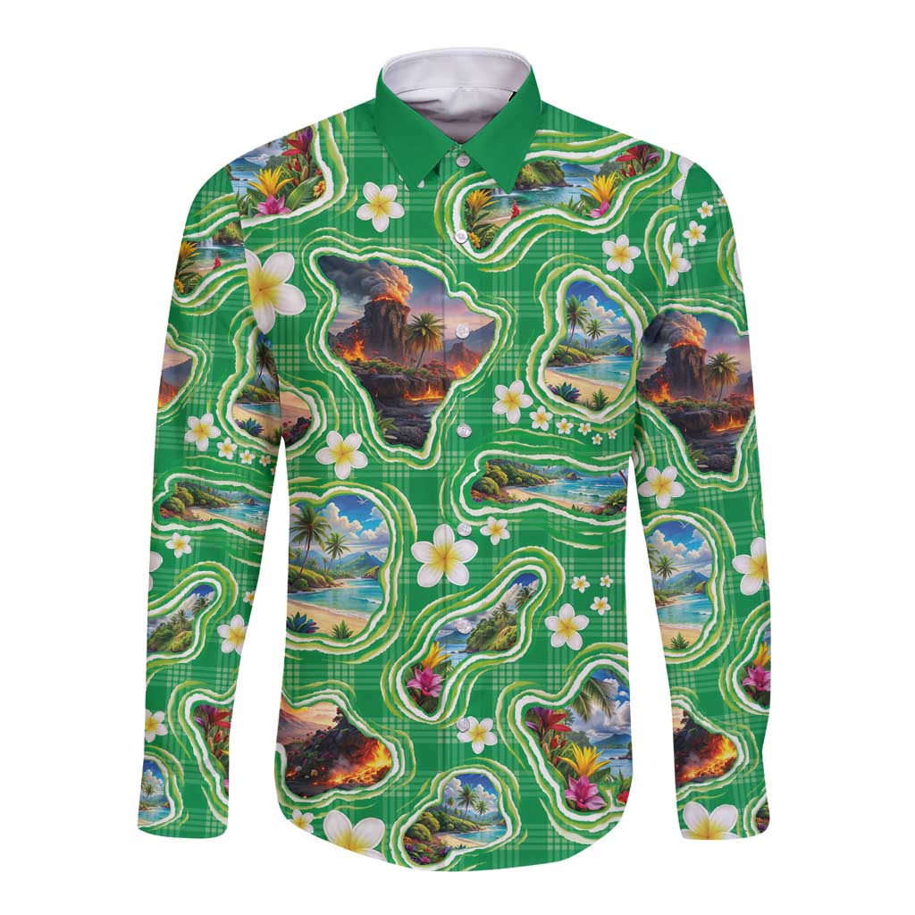 Hawaii Map with Plumeria Flower and Palaka Pattern Long Sleeve Button Shirt Tropical Island Green Design LT03 Unisex Green - Polynesian Pride
