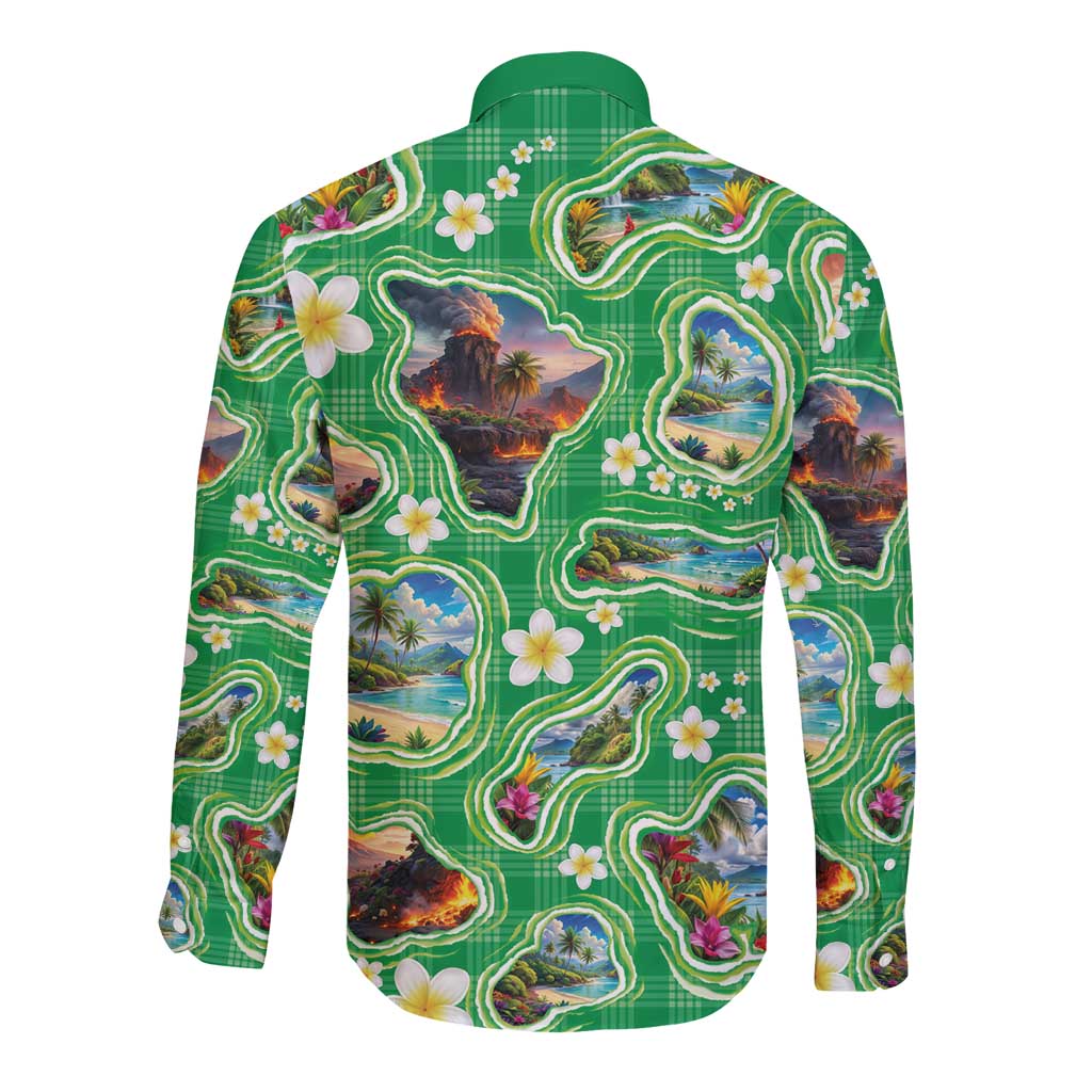 Hawaii Map with Plumeria Flower and Palaka Pattern Long Sleeve Button Shirt Tropical Island Green Design LT03 - Polynesian Pride