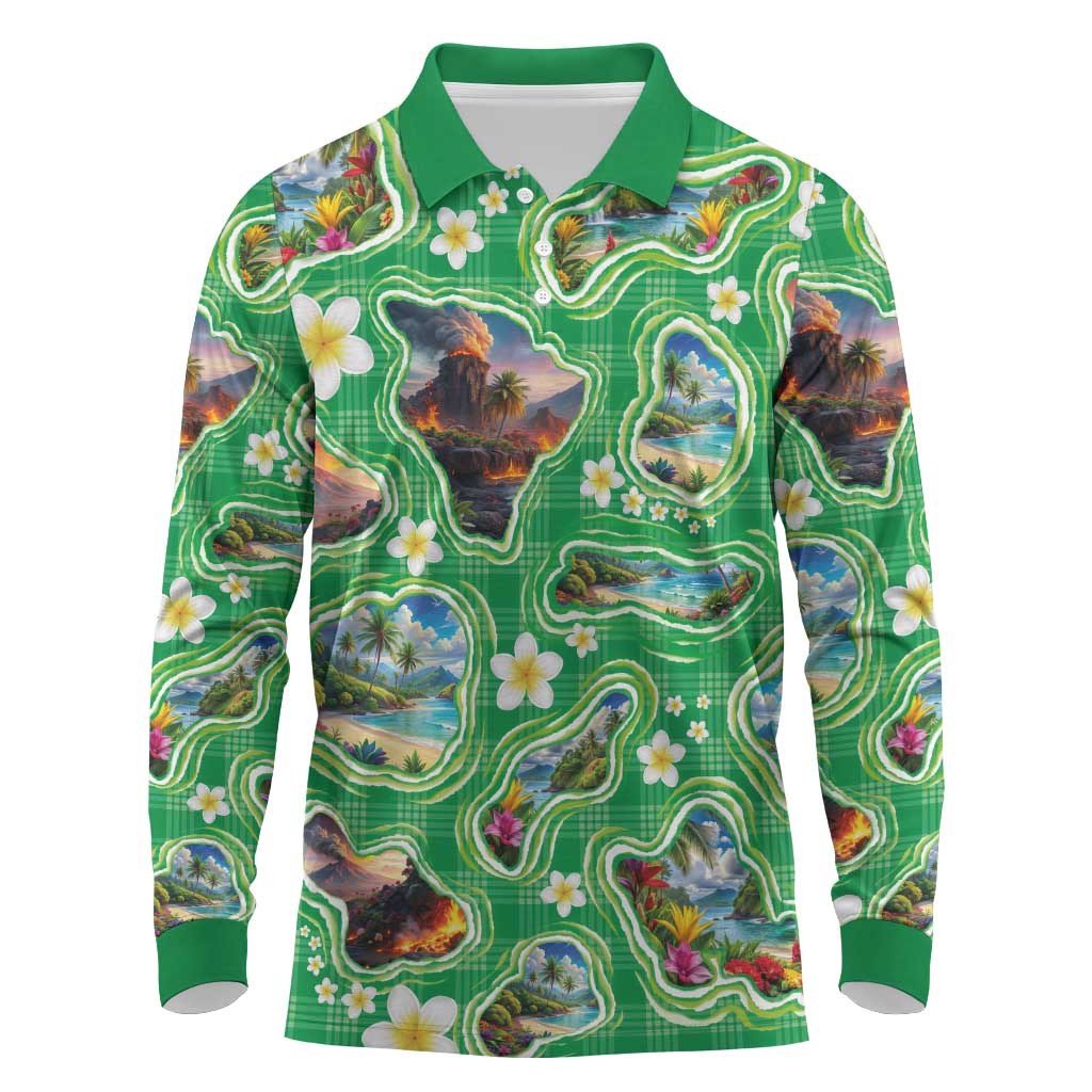 Hawaii Map with Plumeria Flower and Palaka Pattern Long Sleeve Polo Shirt Tropical Island Green Design LT03 Green - Polynesian Pride