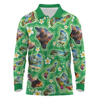 Hawaii Map with Plumeria Flower and Palaka Pattern Long Sleeve Polo Shirt Tropical Island Green Design LT03 Green - Polynesian Pride