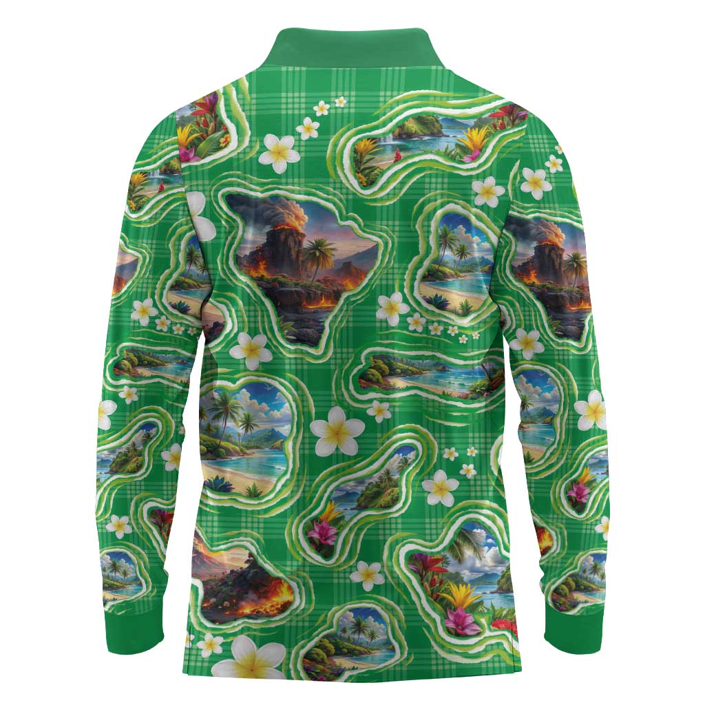 Hawaii Map with Plumeria Flower and Palaka Pattern Long Sleeve Polo Shirt Tropical Island Green Design LT03 - Polynesian Pride