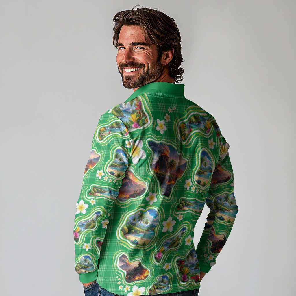 Hawaii Map with Plumeria Flower and Palaka Pattern Long Sleeve Polo Shirt Tropical Island Green Design LT03 - Polynesian Pride