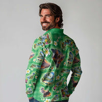 Hawaii Map with Plumeria Flower and Palaka Pattern Long Sleeve Polo Shirt Tropical Island Green Design LT03 - Polynesian Pride