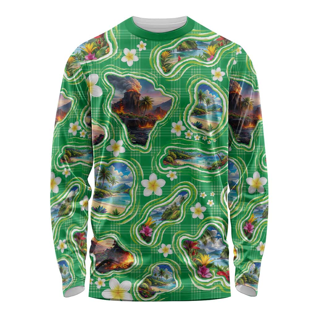 Hawaii Map with Plumeria Flower and Palaka Pattern Long Sleeve Shirt Tropical Island Green Design LT03 Unisex Green - Polynesian Pride