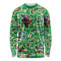 Hawaii Map with Plumeria Flower and Palaka Pattern Long Sleeve Shirt Tropical Island Green Design LT03 Unisex Green - Polynesian Pride