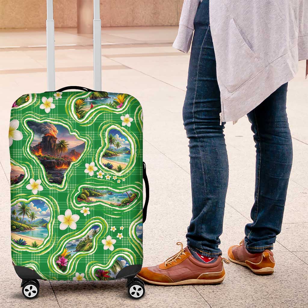 Hawaii Map with Plumeria Flower and Palaka Pattern Luggage Cover Tropical Island Green Design LT03 Green - Polynesian Pride