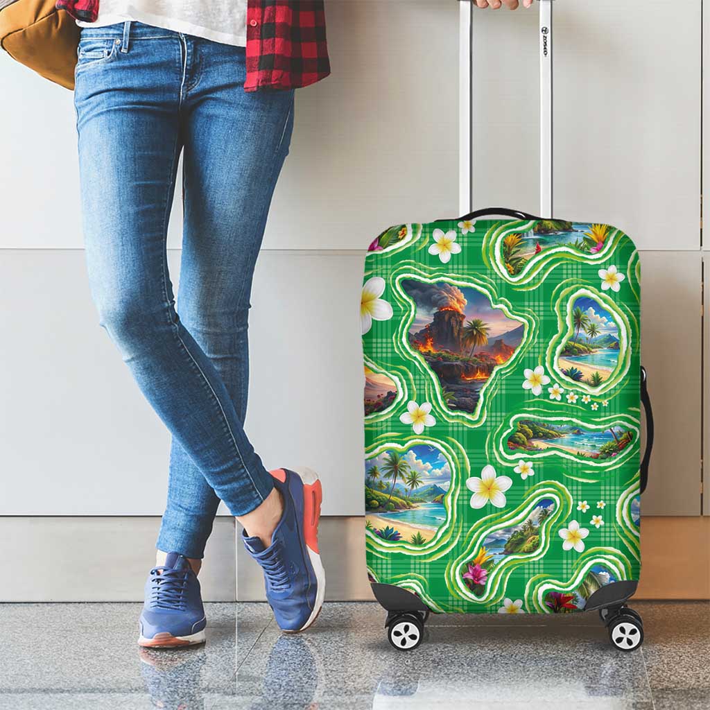Hawaii Map with Plumeria Flower and Palaka Pattern Luggage Cover Tropical Island Green Design LT03 - Polynesian Pride