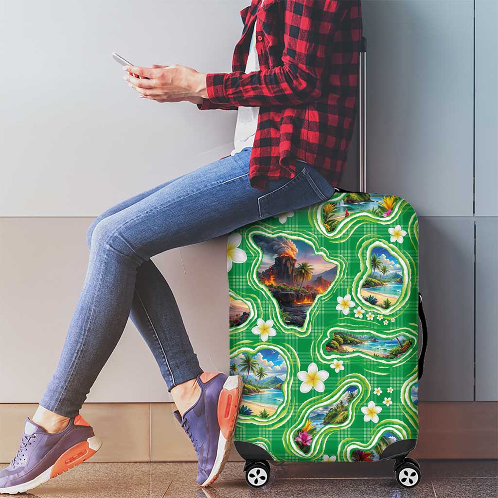 Hawaii Map with Plumeria Flower and Palaka Pattern Luggage Cover Tropical Island Green Design LT03 - Polynesian Pride