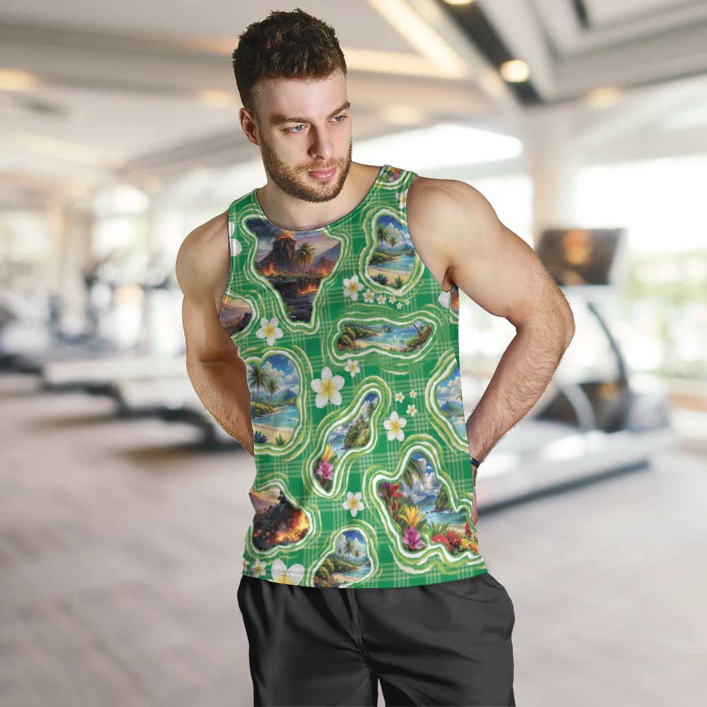 Hawaii Map with Plumeria Flower and Palaka Pattern Men Tank Top Tropical Island Green Design LT03 Green - Polynesian Pride