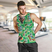 Hawaii Map with Plumeria Flower and Palaka Pattern Men Tank Top Tropical Island Green Design LT03 Green - Polynesian Pride