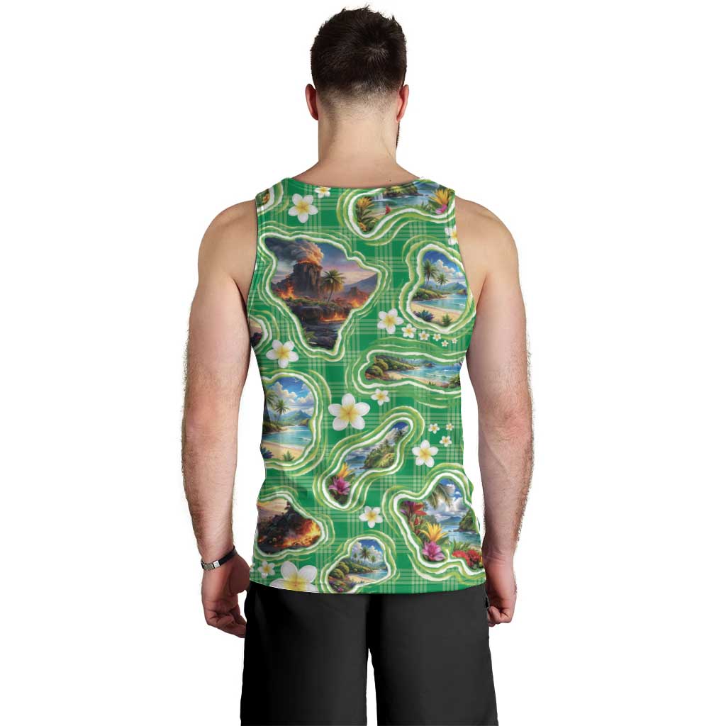 Hawaii Map with Plumeria Flower and Palaka Pattern Men Tank Top Tropical Island Green Design LT03 - Polynesian Pride
