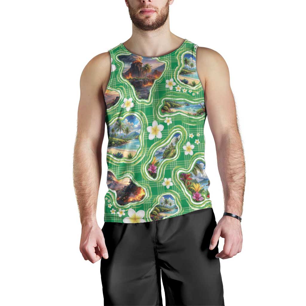 Hawaii Map with Plumeria Flower and Palaka Pattern Men Tank Top Tropical Island Green Design LT03 - Polynesian Pride