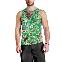 Hawaii Map with Plumeria Flower and Palaka Pattern Men Tank Top Tropical Island Green Design LT03 - Polynesian Pride