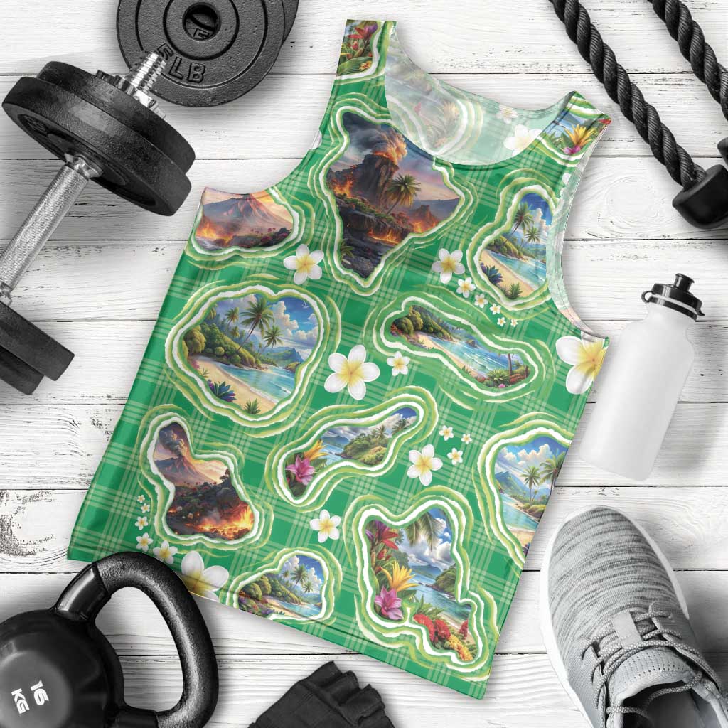 Hawaii Map with Plumeria Flower and Palaka Pattern Men Tank Top Tropical Island Green Design LT03 - Polynesian Pride