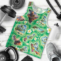 Hawaii Map with Plumeria Flower and Palaka Pattern Men Tank Top Tropical Island Green Design LT03 - Polynesian Pride