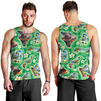 Hawaii Map with Plumeria Flower and Palaka Pattern Men Tank Top Tropical Island Green Design LT03 - Polynesian Pride