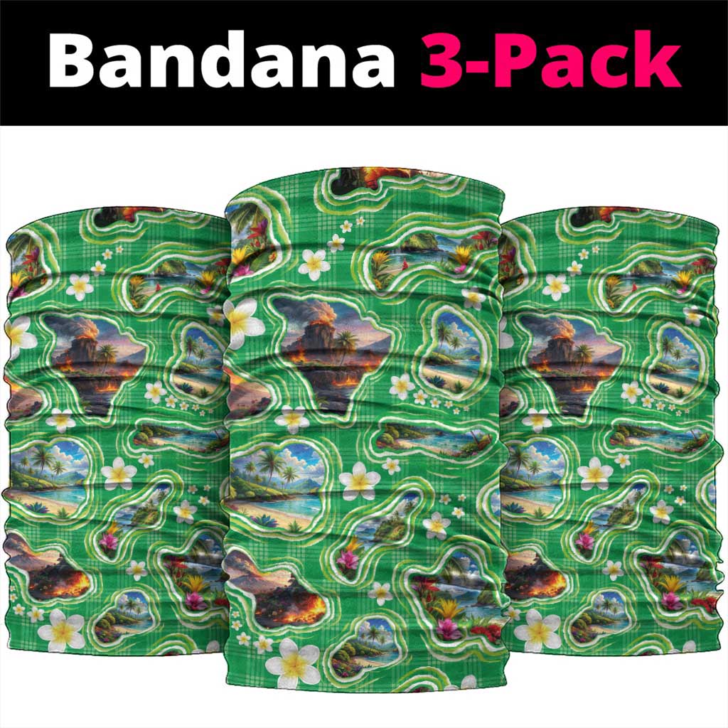 Hawaii Map with Plumeria Flower and Palaka Pattern Neck Gaiter Tropical Island Green Design LT03 package One Size: 25*50cm Green - Polynesian Pride