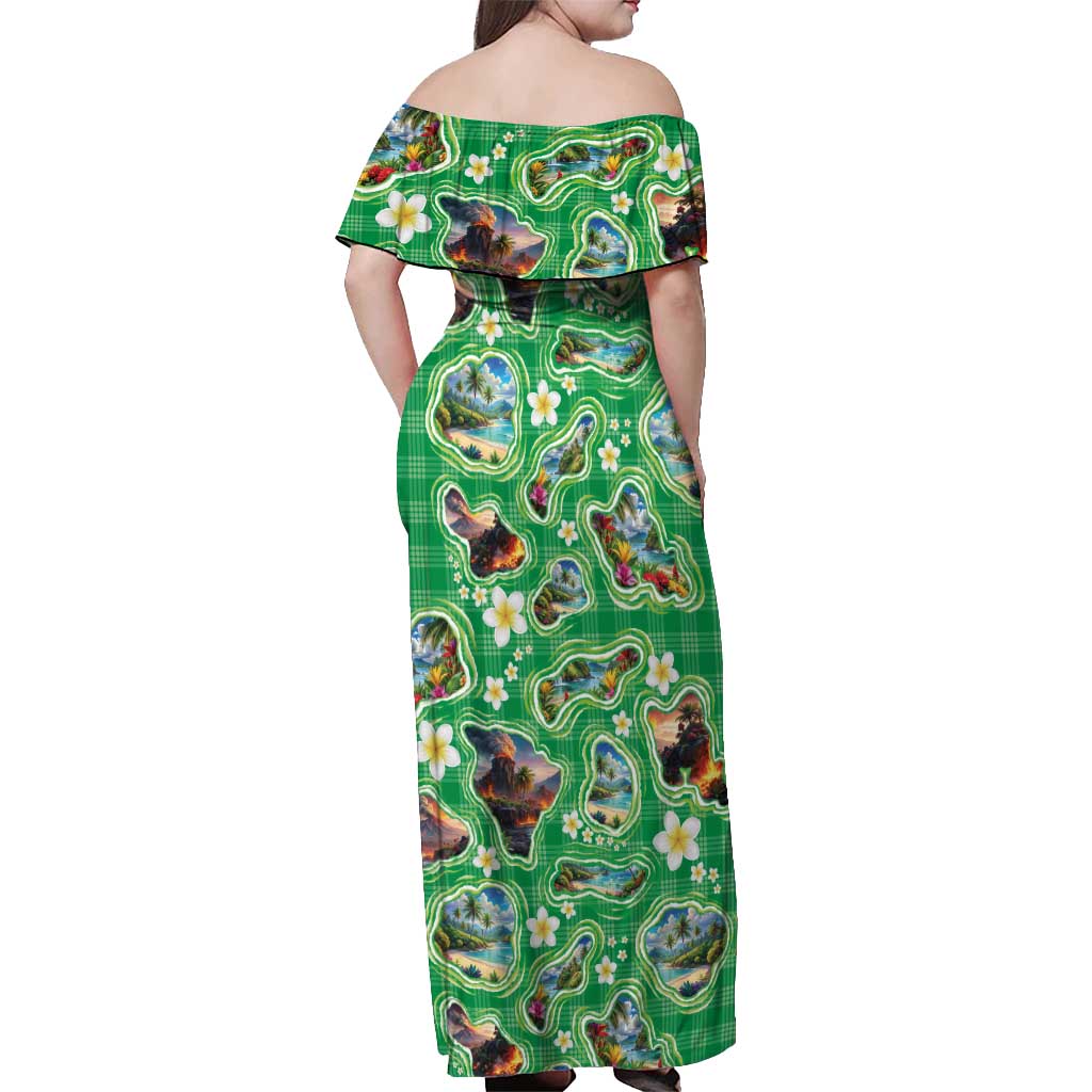 Hawaii Map with Plumeria Flower and Palaka Pattern Off Shoulder Maxi Dress Tropical Island Green Design LT03 - Polynesian Pride