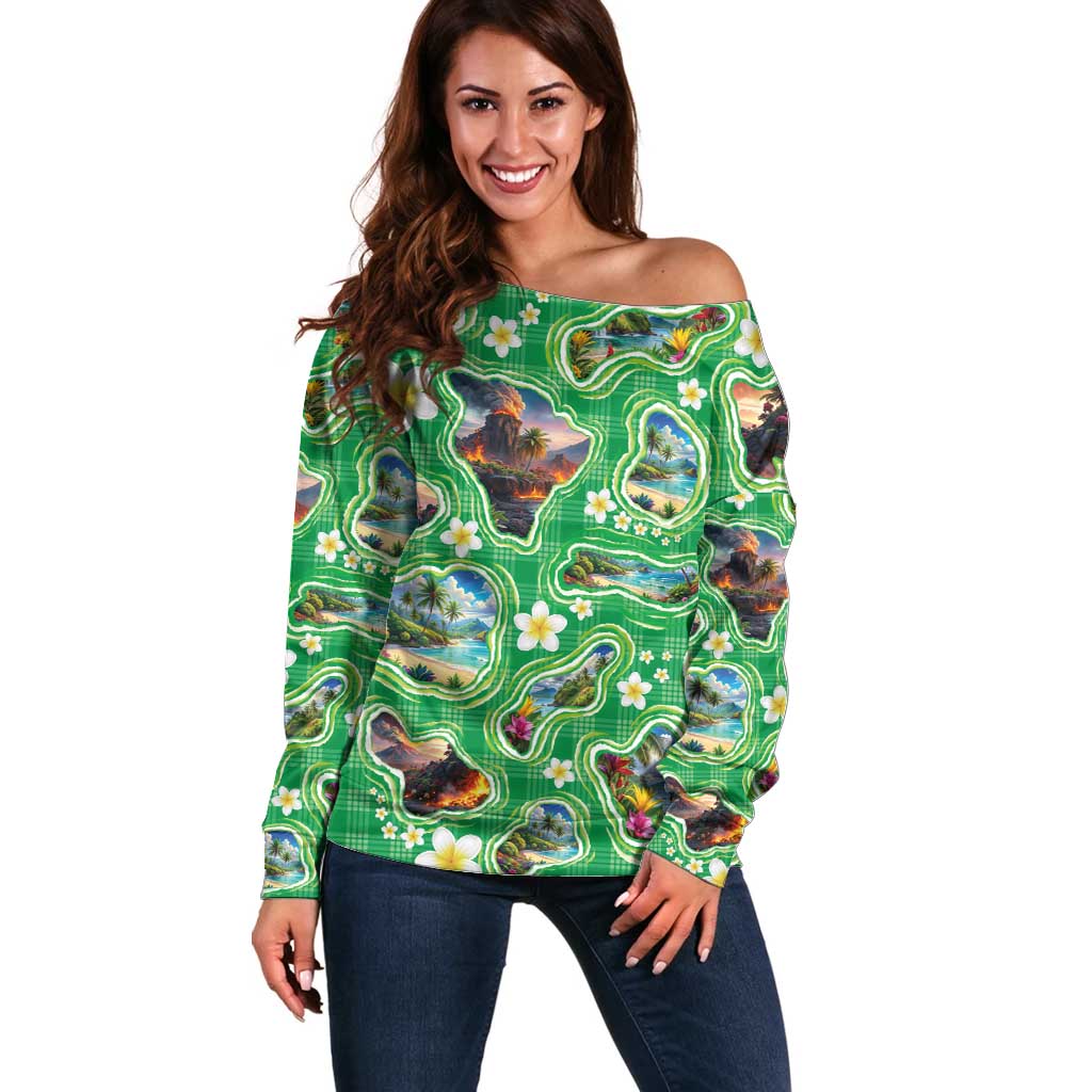 Hawaii Map with Plumeria Flower and Palaka Pattern Off Shoulder Sweater Tropical Island Green Design LT03 Women Green - Polynesian Pride