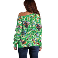 Hawaii Map with Plumeria Flower and Palaka Pattern Off Shoulder Sweater Tropical Island Green Design LT03 - Polynesian Pride