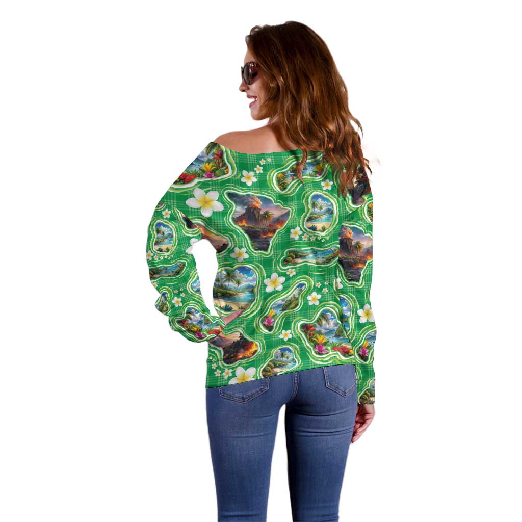 Hawaii Map with Plumeria Flower and Palaka Pattern Off Shoulder Sweater Tropical Island Green Design LT03 - Polynesian Pride