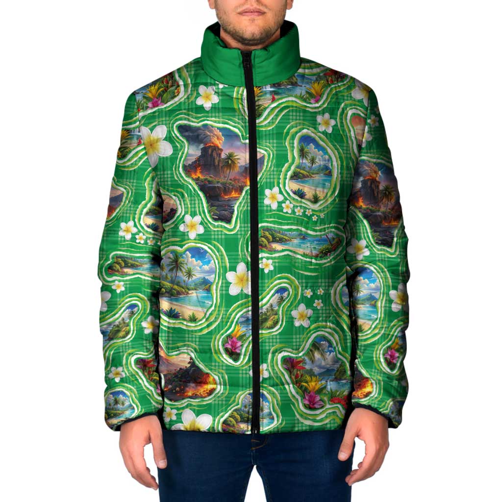 Hawaii Map with Plumeria Flower and Palaka Pattern Padded Jacket Tropical Island Green Design LT03 Men Green - Polynesian Pride