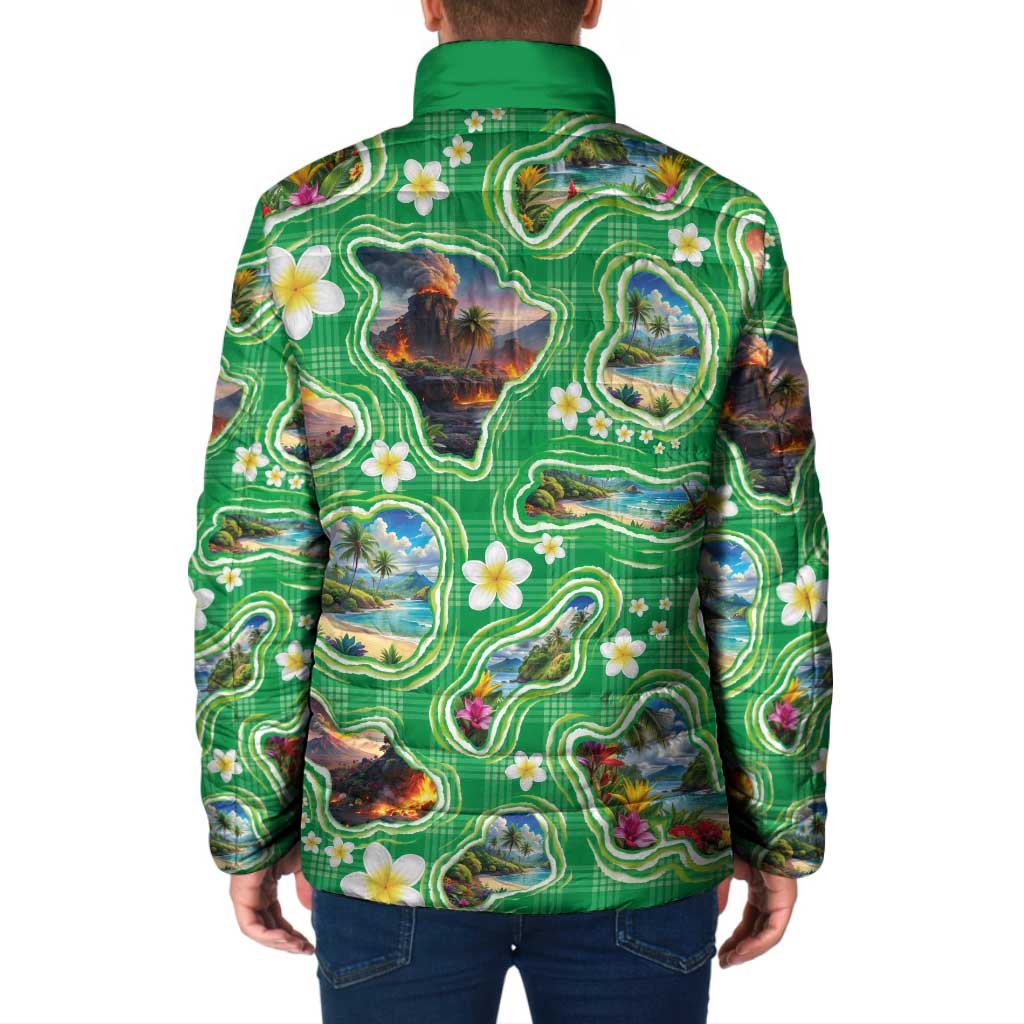 Hawaii Map with Plumeria Flower and Palaka Pattern Padded Jacket Tropical Island Green Design LT03 - Polynesian Pride