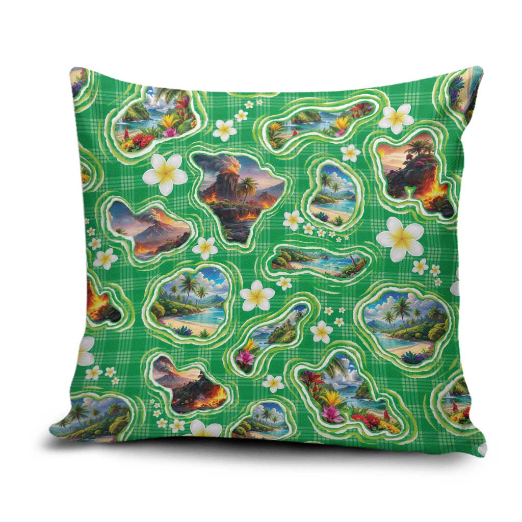 Hawaii Map with Plumeria Flower and Palaka Pattern Pillow Cover Tropical Island Green Design LT03 Green - Polynesian Pride
