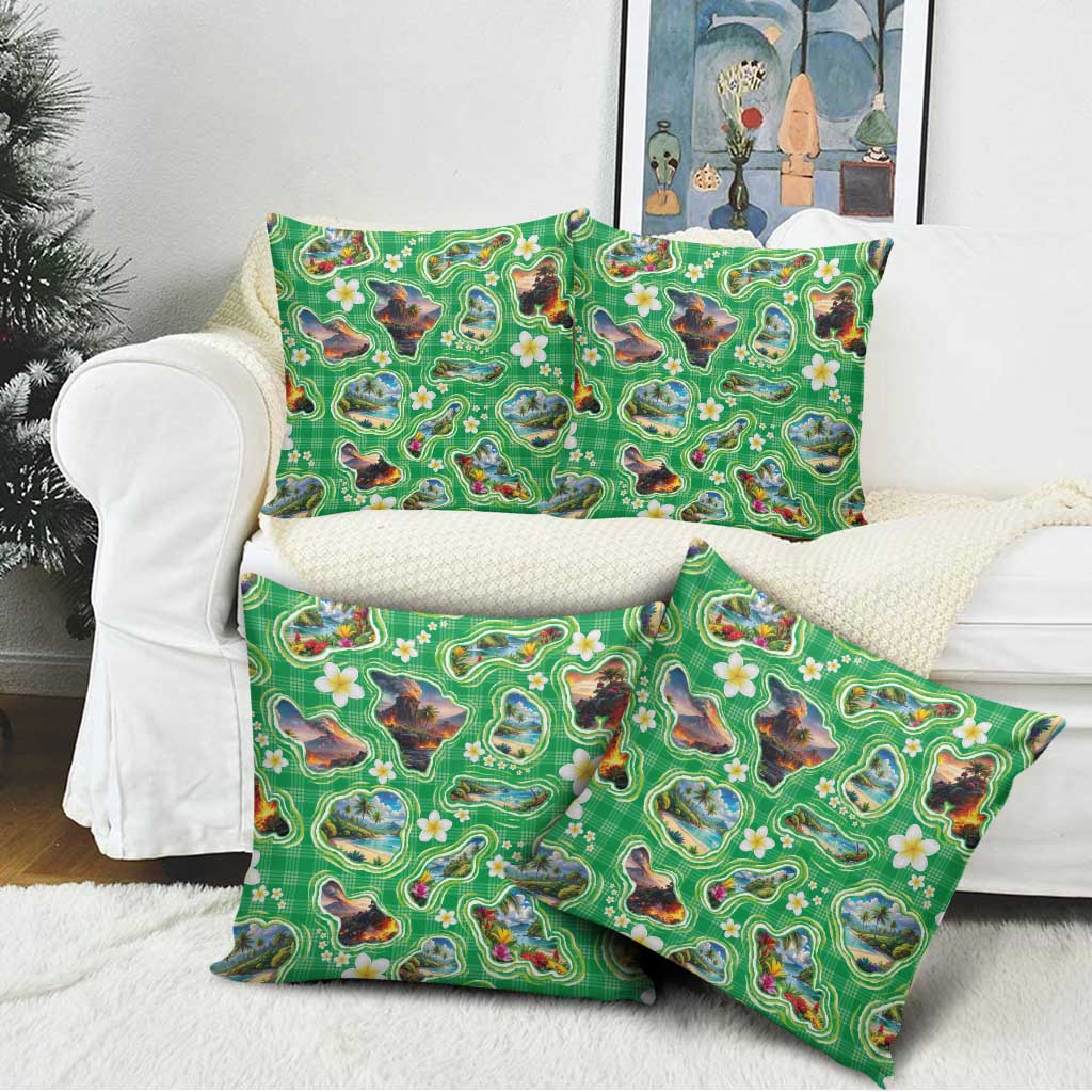 Hawaii Map with Plumeria Flower and Palaka Pattern Pillow Cover Tropical Island Green Design LT03 - Polynesian Pride