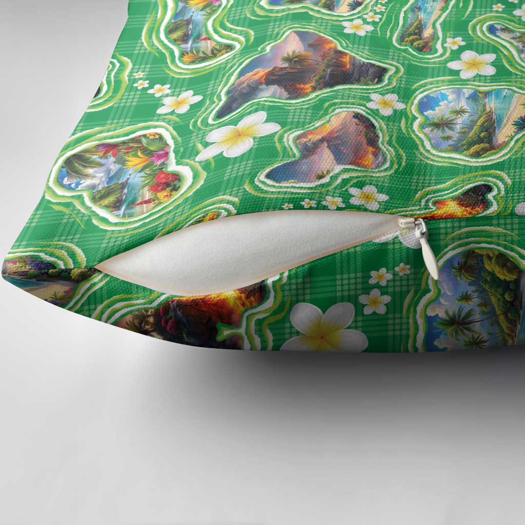 Hawaii Map with Plumeria Flower and Palaka Pattern Pillow Cover Tropical Island Green Design LT03 - Polynesian Pride