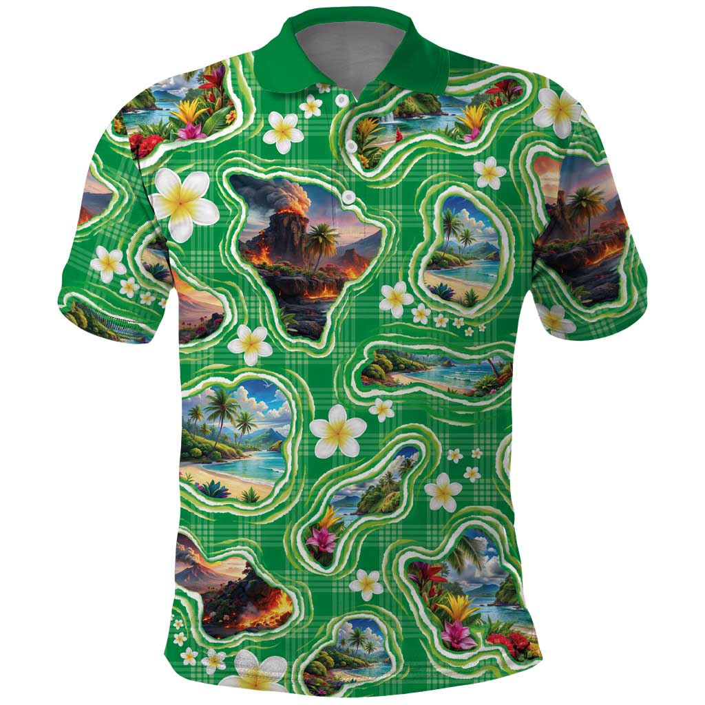 Hawaii Map with Plumeria Flower and Palaka Pattern Polo Shirt Tropical Island Green Design LT03 Green - Polynesian Pride