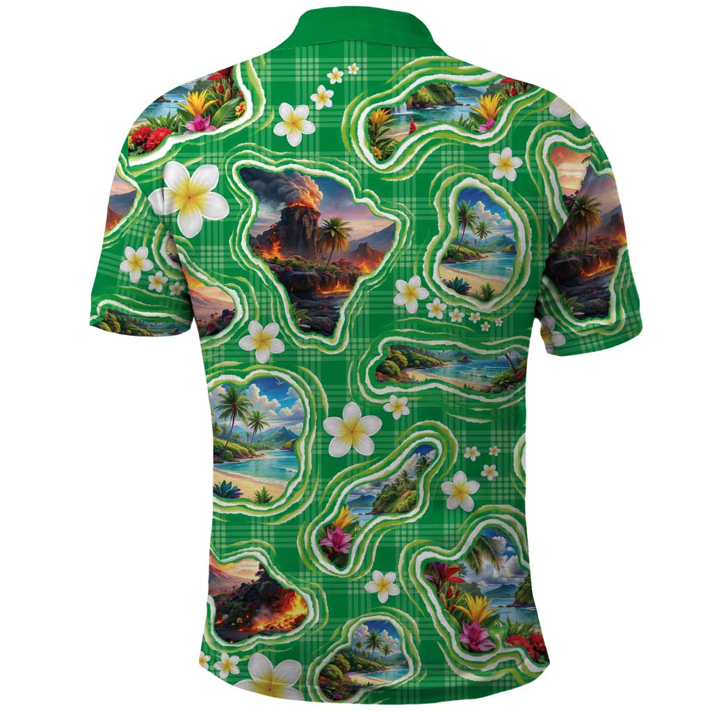 Hawaii Map with Plumeria Flower and Palaka Pattern Polo Shirt Tropical Island Green Design LT03 - Polynesian Pride