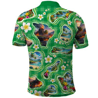 Hawaii Map with Plumeria Flower and Palaka Pattern Polo Shirt Tropical Island Green Design LT03 - Polynesian Pride
